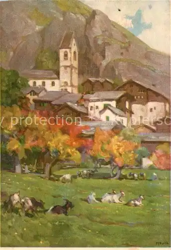 AK / Ansichtskarte Reinach_BL Ortsmotiv mit Kirche Ziegen Marie Rolle Kuenstlerkarte Reinach_BL