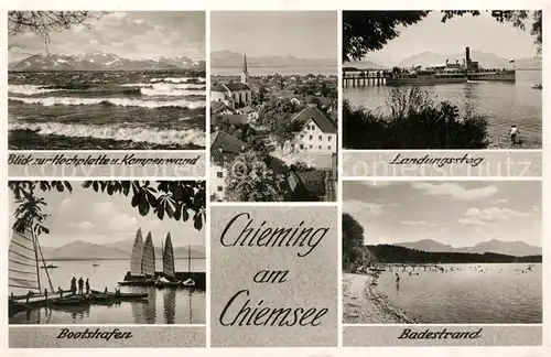 AK / Ansichtskarte Chieming_Chiemsee Bootshafen Badestrand Landungssteg Chieming Chiemsee