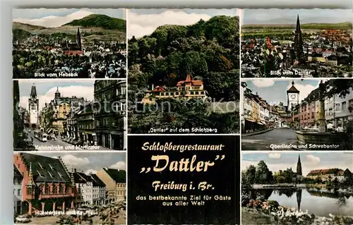 AK / Ansichtskarte Freiburg_Breisgau Blick vom Hebsack Kaiserstr Martinstor Muensterplatz Kaufhaus Dattler Schlossberg Stadtblick Oberlinden Schwabentor Stadtgarten Freiburg Breisgau