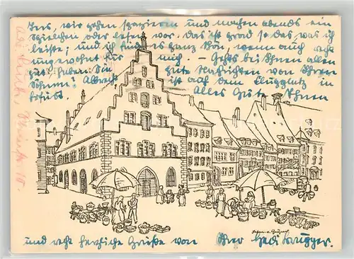 AK / Ansichtskarte Freiburg_Breisgau Kornhaus mit Marktplatz Zeichnung Freiburg Breisgau
