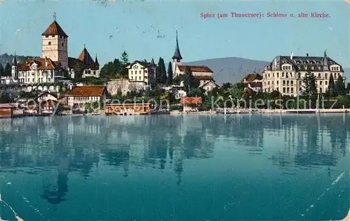 AK / Ansichtskarte Spiez_BE Ansicht vom Thunersee aus mit Schloss und alter Kirche Spiez_BE