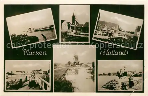 AK / Ansichtskarte Marken_Niederlande Hafen Ortsmotiv mit Kirche Steg Windmuehle Kinder Trachten Marken_Niederlande