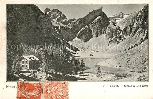 AK / Ansichtskarte Seealpsee Berghuette mit Saentis Appenzeller Alpen Seealpsee