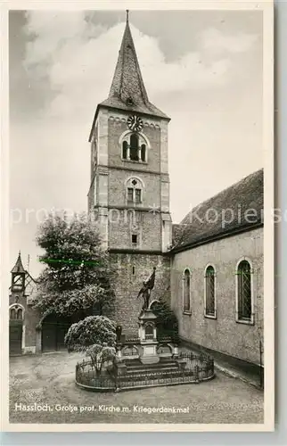 AK / Ansichtskarte Hassloch_Pfalz Grosse prot Kirche mit Kriegerdenkmal Hassloch Pfalz