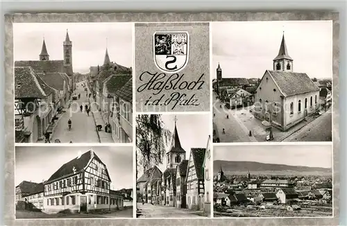 AK / Ansichtskarte Hassloch_Pfalz Strasse Kirche Fachwerkhaus Panorama Hassloch Pfalz