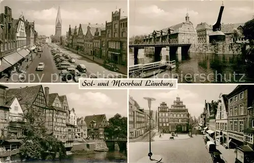 AK / Ansichtskarte Lueneburg Am Sande Kran mit Kaufhaus Haeuserpartie am Fluss Innenstadt Lueneburg