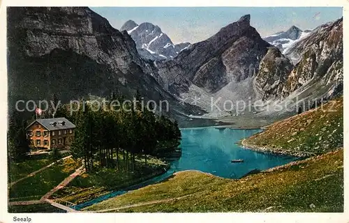 AK / Ansichtskarte Seealpsee Berghuette Bergsee Appenzeller Alpen Seealpsee