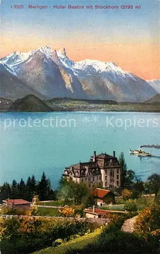 AK / Ansichtskarte Merligen Hotel Beatus Blick ueber den Thunersee zum Stockhorn Merligen