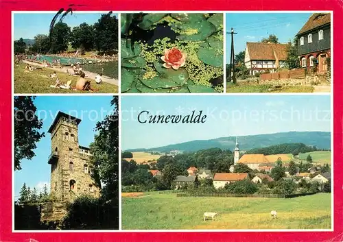 AK / Ansichtskarte Cunewalde Freibad Seerosenteich Umgebindehaeuser Aussichtsturm Czorneboh Panorama Cunewalde