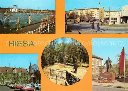 AK / Ansichtskarte Riesa_Sachsen Rathaus Stadtpark Lenindenkmal Weida Schwimmbad Bushaltestelle Riesa Sachsen