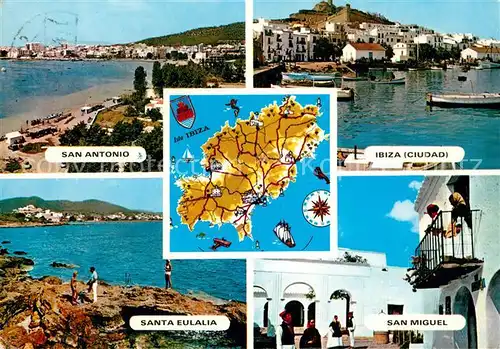 AK / Ansichtskarte Ibiza_Islas_Baleares San Antonio Santa Eulalia San Miguel Ibiza Ciudad Hafen Kueste Landkarte Ibiza_Islas_Baleares