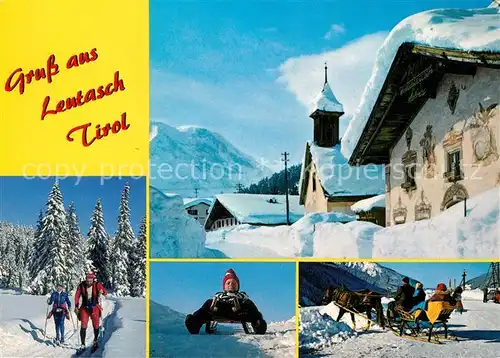 AK / Ansichtskarte Leutasch Wintersportplatz Alpen Langlauf Schlitten Pferdeschlitten Ortsmotiv mit Kirche im Winter Leutasch