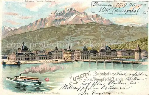 AK / Ansichtskarte Brunnen_SZ Bahnhof mit Dampfschifflaende Kuenstlerkarte Brunnen_SZ