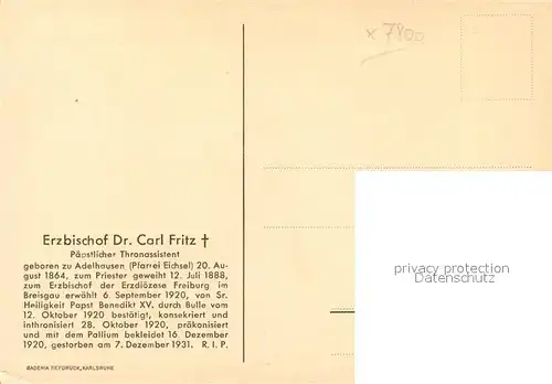 AK / Ansichtskarte Freiburg_Breisgau Erzbischof Dr Carl Fritz Portrait Freiburg Breisgau