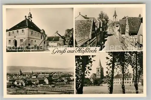 AK / Ansichtskarte Hassloch_Pfalz Rathaus mit Pfarrgasse Kirchgasse Panorama Jahnplatz Hassloch Pfalz