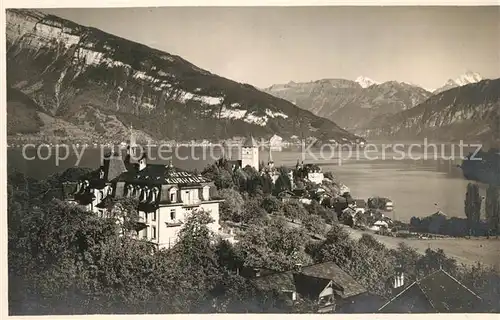 AK / Ansichtskarte Spiez_Thunersee_BE Hotel Kurhalle Burg Panorama Spiez_Thunersee_BE