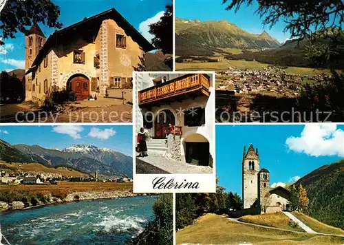 AK / Ansichtskarte Celerina_GR Ortsmotive Kirche Partie am Fluss Gesamtansicht mit Alpenpanorama Celerina_GR