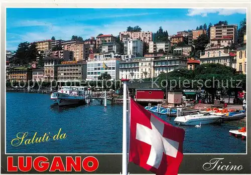 AK / Ansichtskarte Lugano_Lago_di_Lugano Hafen Bootsanleger Schweizer Flagge Lugano_Lago_di_Lugano