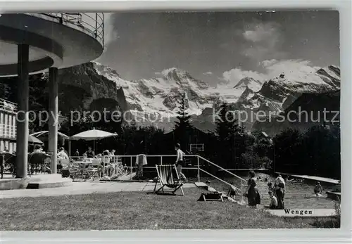 AK / Ansichtskarte Wengen_BE Freibad Gaststaette Terrasse Alpenblick Berner Alpen Wengen_BE