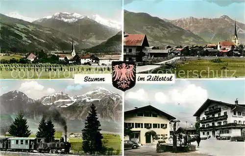 AK / Ansichtskarte Stumm_Zillertal Gesamtansicht mit Alpenpanorama Dorfzentrum Brunnen Dampflokomotive Stumm_Zillertal