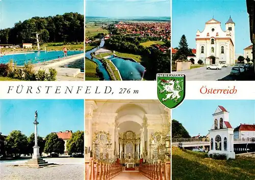 AK / Ansichtskarte Fuerstenfeld Sommerfrische Freibad Barocke Pfarrkirche Mariensaeule Standbild am Ufer der Feistritz Fuerstenfeld