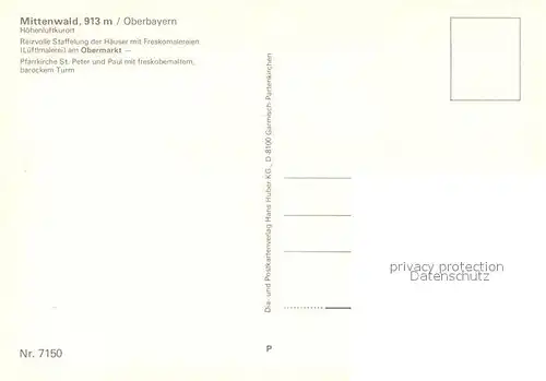 AK / Ansichtskarte Mittenwald_Bayern Obermarkt Haeuser mit Freskomalereien Lueftlmalerei Pfarrkirche St Peter und Paul Barocker Turm Mittenwald Bayern