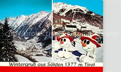 AK / Ansichtskarte Soelden_oetztal Panorama Wintersportplatz oetztaler Alpen Schneefiguren auf Skiern Soelden oetztal