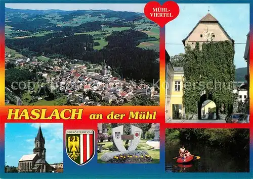 AK / Ansichtskarte Haslach_Muehl Fliegeraufnahme Torbogen Kirche Historischer Webermarkt Gedenkstein Schlauchboot Wappen Haslach_Muehl