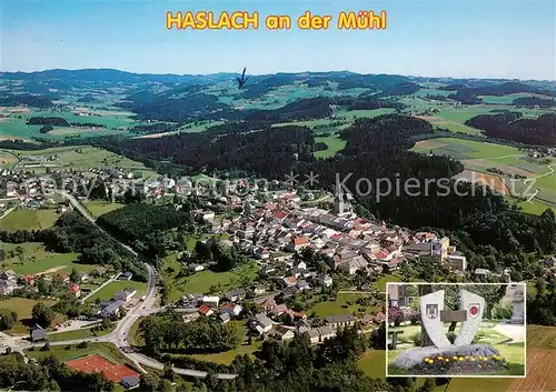 AK / Ansichtskarte Haslach_Muehl Erholungsort im Muehlviertel Fliegeraufnahme Historischer Webermarkt Gedenkstein Haslach_Muehl