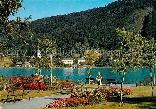 AK / Ansichtskarte Bodensdorf_Ossiacher_See Kurpark Seespitz gegen Stift Ossiach Kloster Bodensdorf_Ossiacher_See