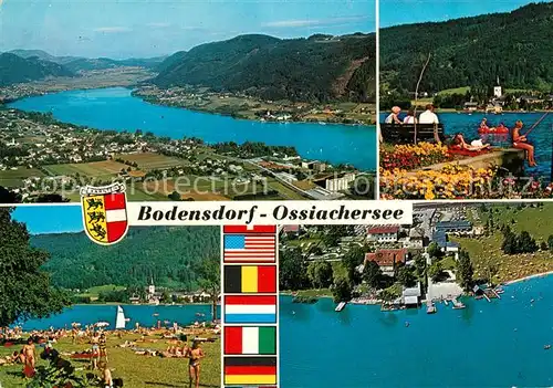 AK / Ansichtskarte Bodensdorf_Ossiacher_See Seebad Fliegeraufnahme Badestrand Nationalflaggen Bodensdorf_Ossiacher_See