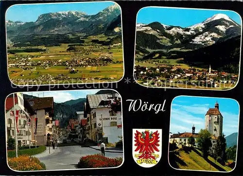 AK / Ansichtskarte Woergl_Tirol Alpenpanorama Fliegeraufnahme Hauptstrasse Schloss Wappen Woergl Tirol