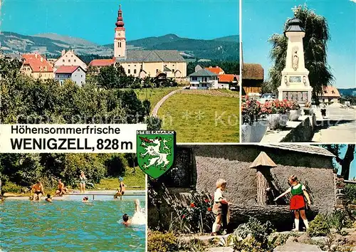 AK / Ansichtskarte Wenigzell Ortsmotiv mit Kirche Denkmal Brunnen Freibad Wappen Wenigzell