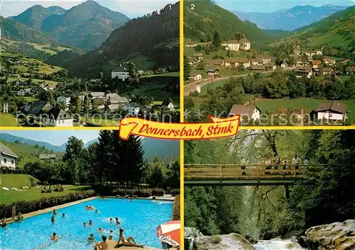 AK / Ansichtskarte Donnersbach Gesamtansicht Alpenpanorama Holzbrueck Wildbach Freibad Donnersbach