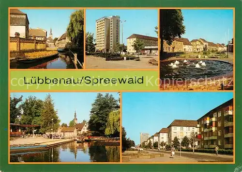 AK / Ansichtskarte Luebbenau_Spreewald Hafen Roter Platz Markt Hochhaus Brunnen Luebbenau Spreewald