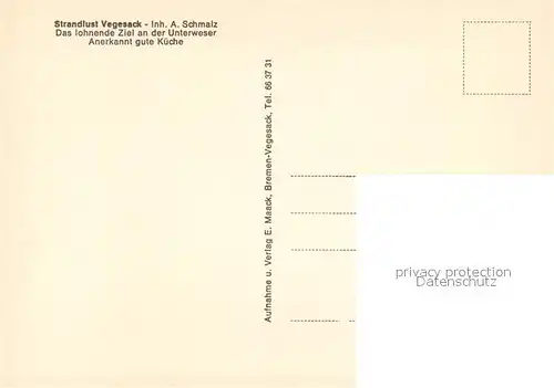 AK / Ansichtskarte Vegesack Restaurant Strandlust an der Unterweser Segelboot Vegesack