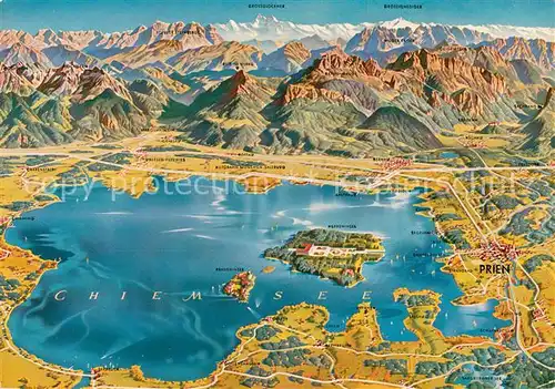 AK / Ansichtskarte Prien_Chiemsee und Umgebung Alpenpanorama aus der Vogelperspektive Prien Chiemsee