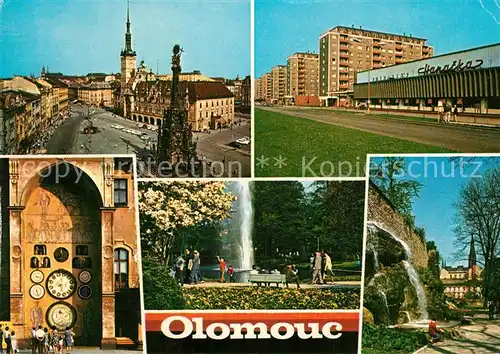AK / Ansichtskarte Olomouc Teilansichten Innenstadt Hochhaeuser Rathaus Barocksaeule Park Wasserfall Olomouc