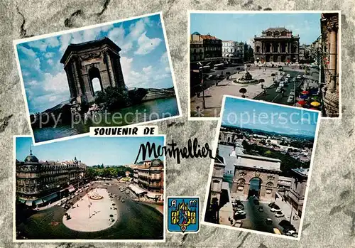 AK / Ansichtskarte Montpellier_Herault Chateau d Eau Place de la Comedie Les Trois Graces et le Theatre Place de la Comedie Arc de Triomphe Statue Louis XIV Montpellier Herault