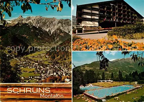 AK / Ansichtskarte Schruns_Vorarlberg Hotel Loewen Alpenbad Freibad Alpenpanorama Montafon Schruns Vorarlberg