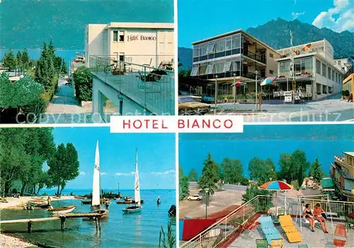 AK / Ansichtskarte Limone_sul_Garda Hotel Bianco Sonnenterrasse Badestrand Segelboote Limone_sul_Garda