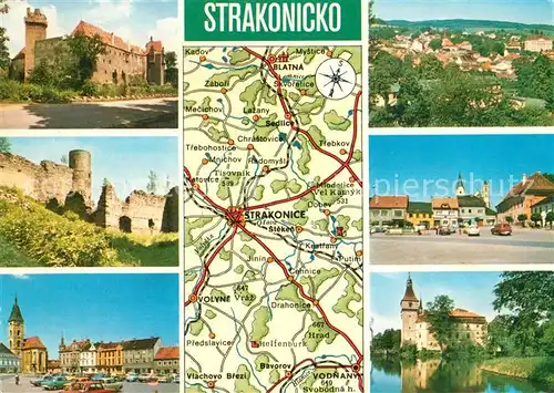 AK / Ansichtskarte Strakonice_Strakonitz und Umgebung Landkarte Schloss Burgruine Stadtzentrum Platz Partie am Wasser Strakonice_Strakonitz