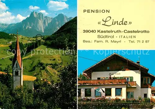 AK / Ansichtskarte Kastelruth_Suedtirol Pension Linde Kirche Landschaftspanorama Dolomiten Kastelruth_Suedtirol