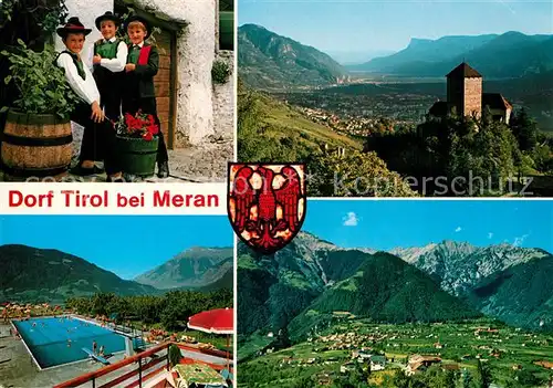 AK / Ansichtskarte Dorf_Tirol Schwimmbad Trachten Burg Dorf_Tirol