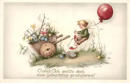 AK / Ansichtskarte Geburtstag Holzkarre Luftballon Geschenke Kind  Geburtstag