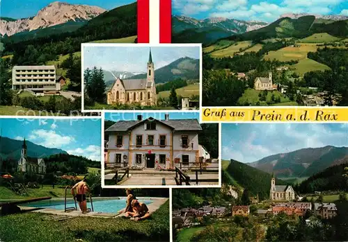 AK / Ansichtskarte Prein_Rax Panorama Blick gegen die Rax Kirche Hotel Gaststaette Swimming Pool Prein_Rax