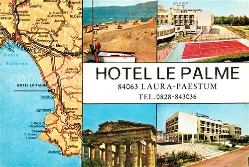 AK / Ansichtskarte Paestum_Pestum Hotel Le Palme Laura Tennisplatz Strand Ruinenstaette Antike Landkarte Paestum_Pestum