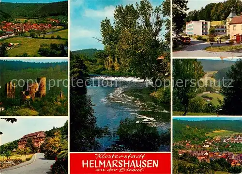 AK / Ansichtskarte Helmarshausen Teilansichten Diemelpartie Burgruine Panorama Helmarshausen