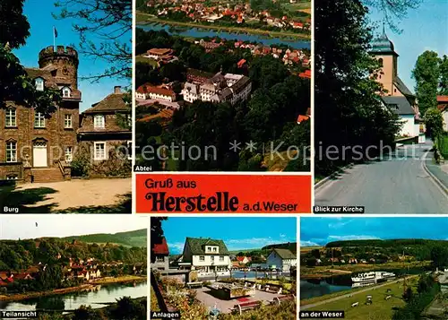 AK / Ansichtskarte Herstelle_Weser Burg Kirche Teilansicht Anlagen an der Weser Herstelle_Weser