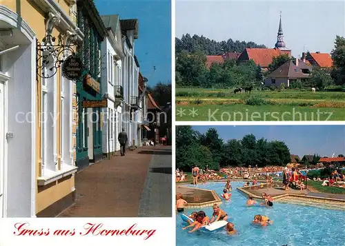 AK / Ansichtskarte Horneburg_Niederelbe Ortspartie Kirche Schwimmbad Horneburg Niederelbe